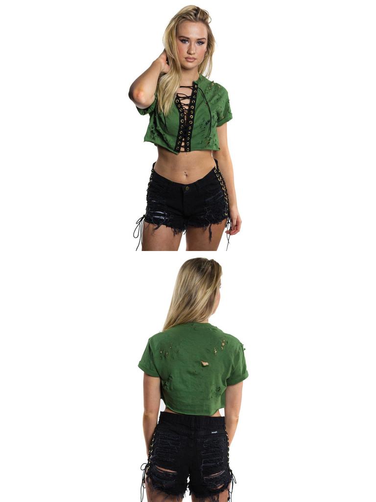 Spring/Summer Elastic Ripped Eyelet Bandage Denim Hot Pants Shorts for Women