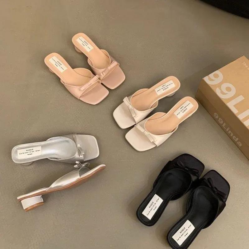 Nouveau Design Nœud Carré Bout Sandales Femme Sexy Slip-on Talons Épais Pantoufles Banquet Bal Mule Pantoufles Chaussures Zapatos De Mujer