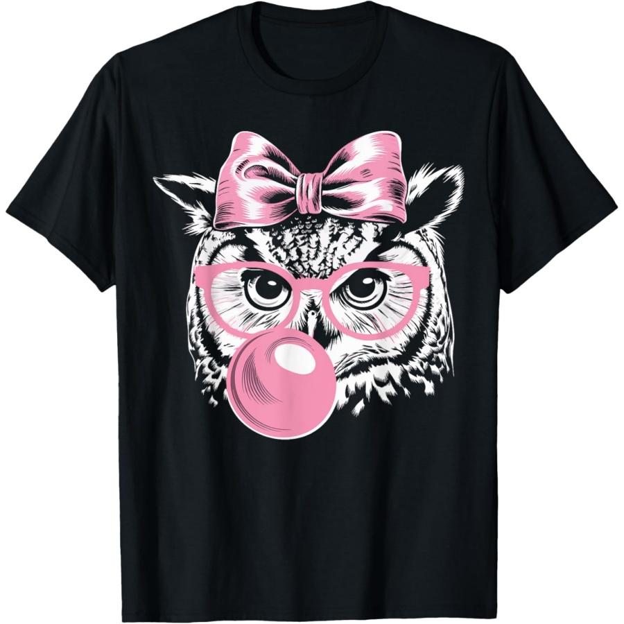 Owl Wearing Glasses and Blowing Pink Bubble Gum T-Shirt S