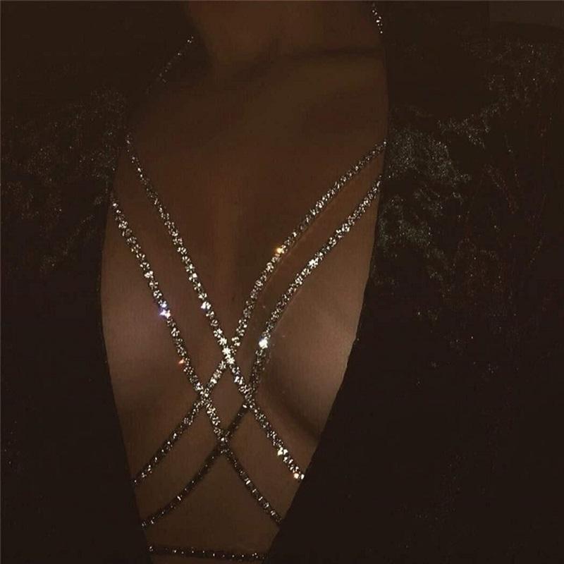 Bohemian Strand Sexy Brustkette für Damen Voll Strass Kreuz Brustkette Glitzerndes Kristall BH Körperkette Choker Schmuck