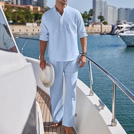 Men's Long Sleeve Shirt and Pants Suits Men Beach Wear Tracksuit Solid Color Shirts Sweatpants Hawaiian Vacation Men's Clothing