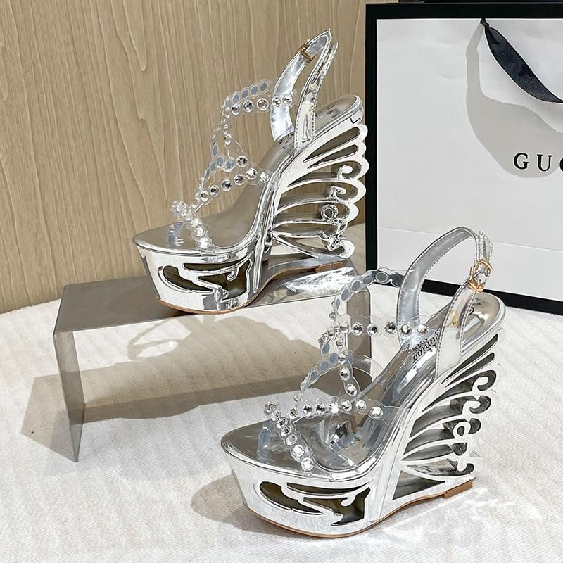 Zapatos de mujer Tacones altos con diamantes de imitación Sandalias de plataforma de tacón ultra alto Serie 1076 Tacón de 15 cm Plataforma de 5 cm LFD