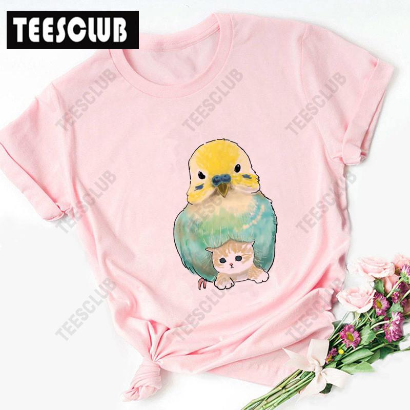 Women's Polyester 100% European-Style Cartoon Parrot Cat Print T-shirt Short Sleeve Harajuku Graphic Top Summer