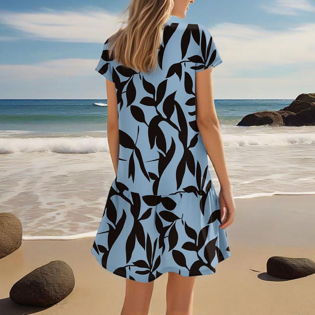 Women's Dresses Short Sleeve V-Neck Floral Printed Loose Casual Temperament Beach Dresses