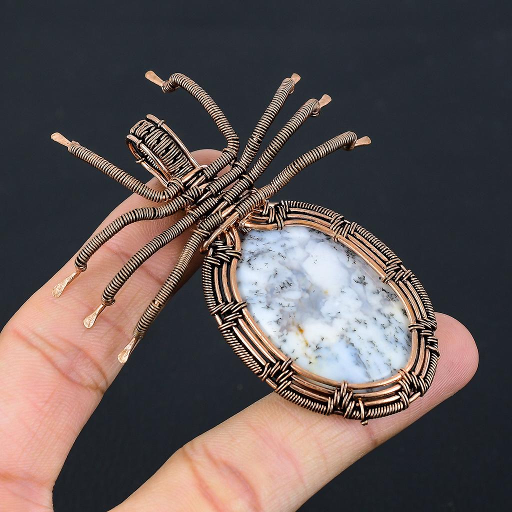 Natural Dendrite Opal Stone Handmade Copper Wire Wrap Spider Pendant 2.56" D2a77