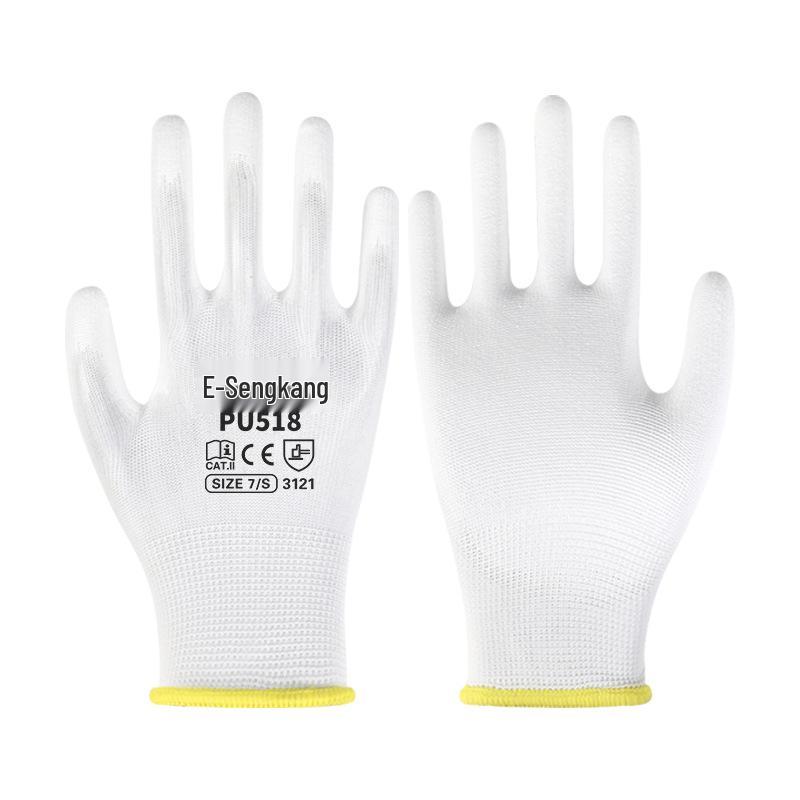 Λευκά Γάντια Παλάμης με Αντιστατική Επικάλυψη PU, Χωρίς Σκόνη, Προστασία Δακτύλων με Χρωματιστή Λωρίδα