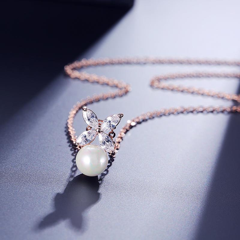 ZAKOL 2 Pcs Simple Marquise Zircon Pearl Stud Earrings Necklace Jewelry Sets for Women Charm Jewelry Gift