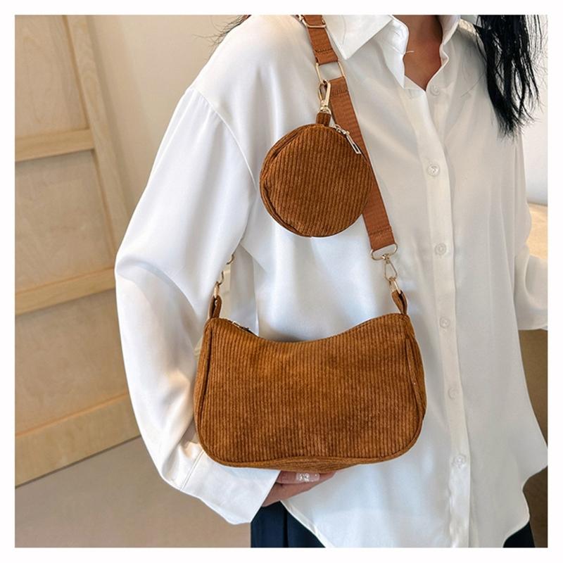 Womens Fashion Solid Color Corduroy Underarm Bag with Coin Purse Pouches Shoulder Crossbody Bag for Shopping Dating Work