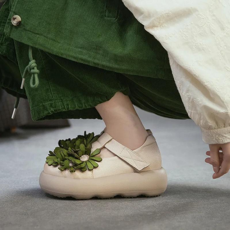 Johnature Ethnic Style Flower Thick Soled Sandals Genuine Leather Versatile Women's Platform Shoes