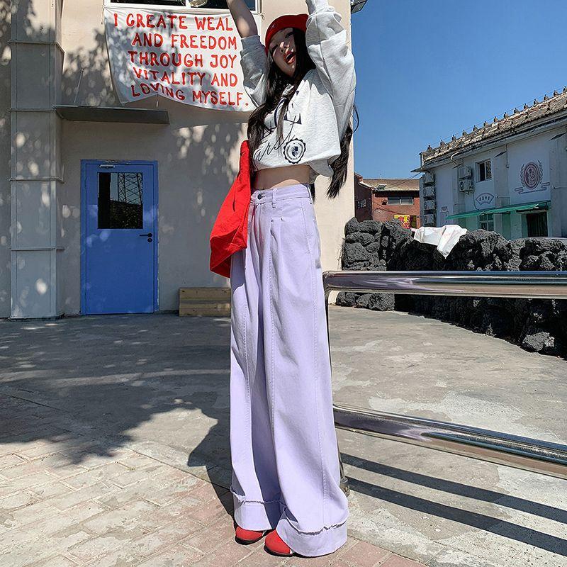 Autumn Winter Purple Vintage Drape Straight Relaxed Wide Leg Denim Pants For Women Casual Pants Oversize Denim Trousers