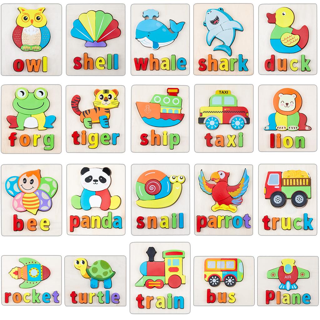 Wooden Children'S Early Education 3D Three-Dimensional Word Puzzle Animal Traffic Puzzle Enlightenment Parent-Child Interaction Educational Toy