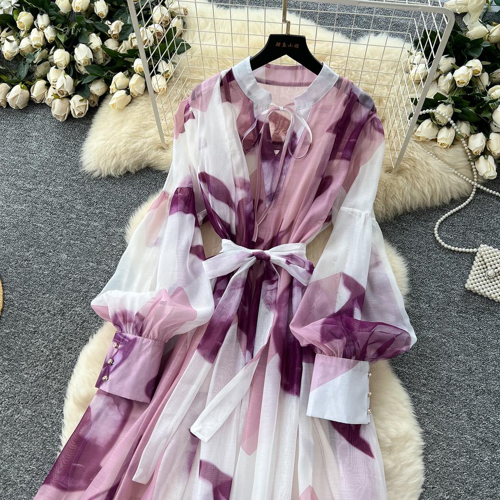 Sexy Long Sleeve Mesh Sweet Print Dress Chic Vintage Evening Party Club  Women Chic Summer Beach Long Dresses