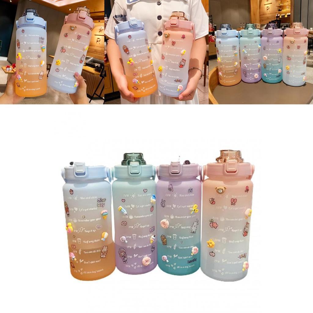 2000ml Large Capacity Drinking Bottle Sports Mug With Straw And Stickers For Outdoor Use
