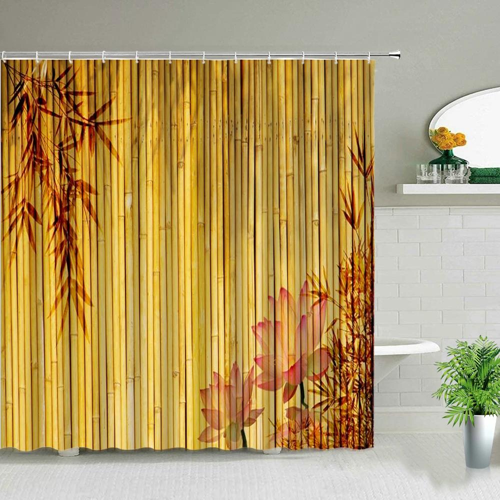 Yellow Green Bamboo Lotus Shower Curtain Bathroom Curtains Plant Flower Natural Scenery Fabric Background Wall Decor Screen Hook