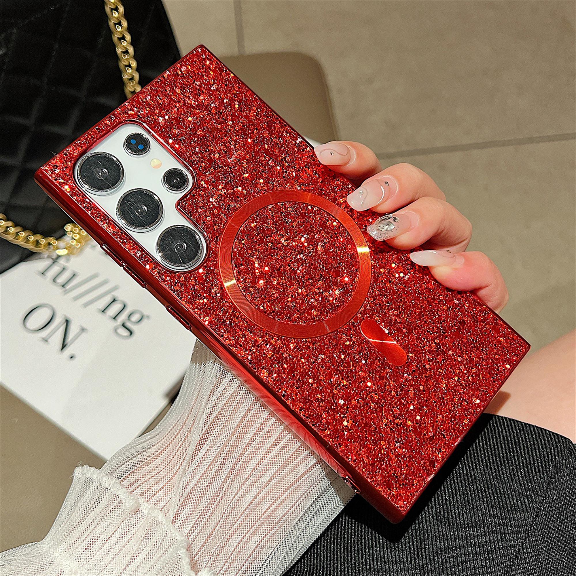 

For Samsung Galaxy S24 Ultra Glitter Magnetic Case Electroplating TPU Frame PC Back Mobile Phone Cover Red