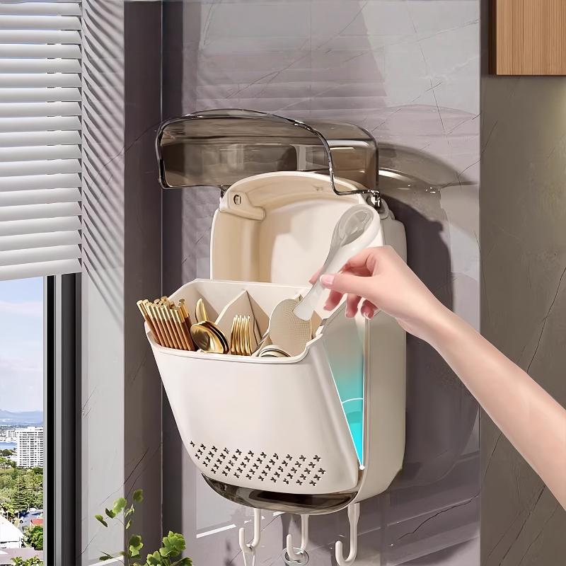 Kitchen Utensil Organizer Wall Mounted Cutlery Holder Kitchen Wall-Mounted Shelf Organizer With Dustproof Cover For Tableware