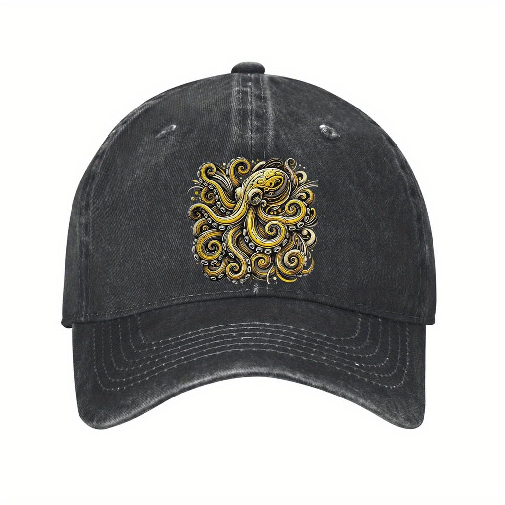 Golden Octopus Graphic Baseball Cap Adjustable Washed Denim Outdoor Sun Protection Dad Hat