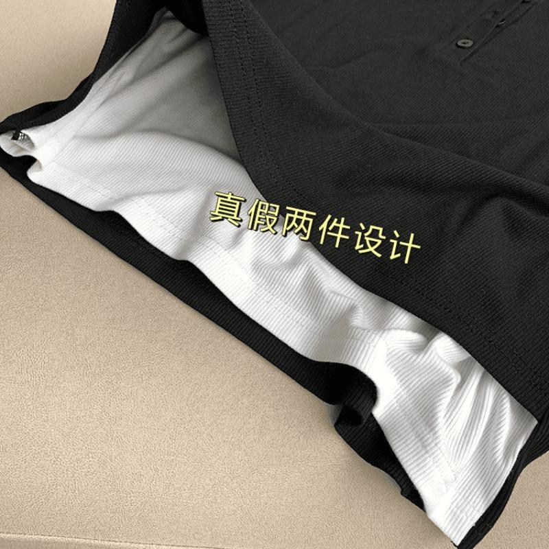 Contrasting color fake two-piece shirt women's bottoming shirt spring simple versatile breasted long-sleeved inner design top