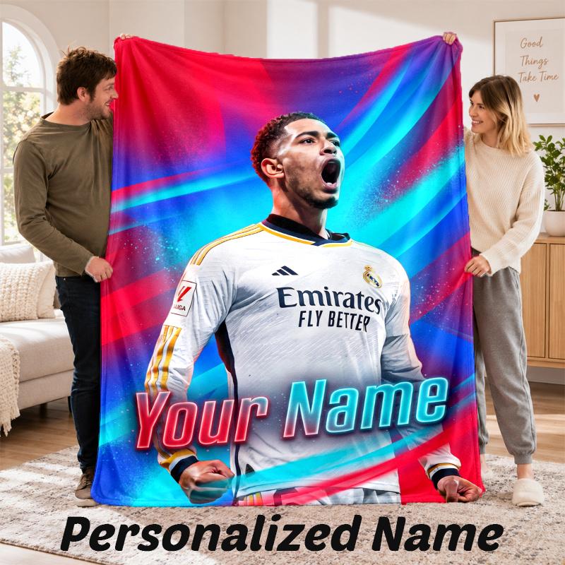 Custom Name Jude Bellingham Flannel Throw Blanket Personalized Text Soft Blanket Bed Sofa Gift