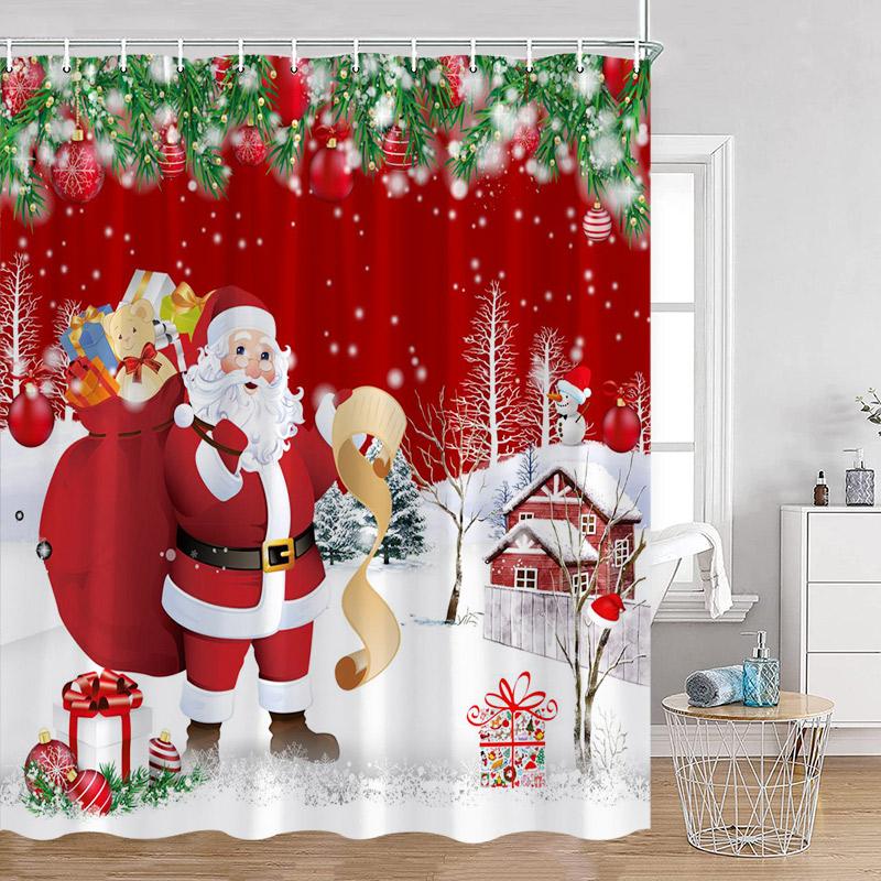 Funny Christmas Shower Curtain Red Santa Claus Cute Blue Snowman Winter Forest Landscape Cloth Home Bathroom Decor Bath Curtains