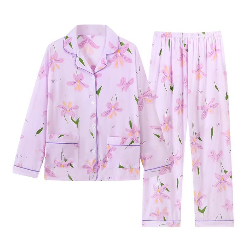 Womens Long Sleeve Pajama Set Faux Cotton Loungewear Ladies Thin Breathable Sleepwear Casual Home Wear