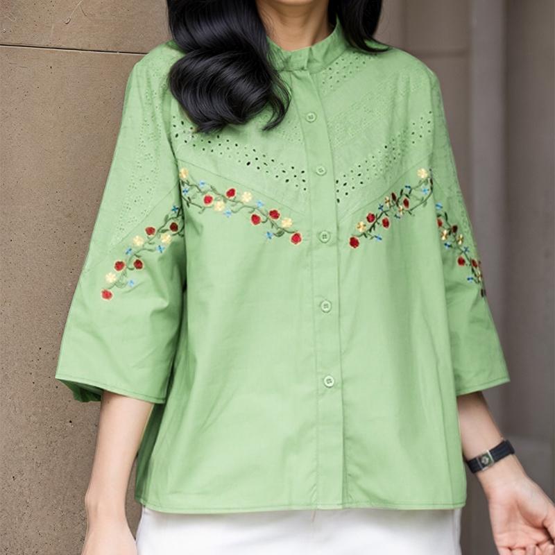 ZANZEA Dame Casual Ståkrage 3/4 Erme Løs Blomsterbroderi Bluse