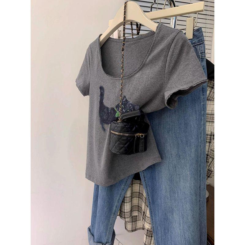 European Station Plus Size Plus Size Ladies Chic Big Neckline Cartoon Cat U Collar Short Sleeve Female Summer Slimming Younger T-shirt Tops Gray M