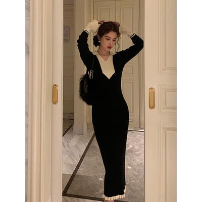 Beautiful Rich Family Daughter Feeling Long Black Sweater with Knitted Backing Dress Women's Autumn and Winter