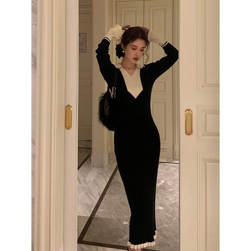Beautiful rich family daughter feeling long black sweater with knitted backing dress women's autumn and winter