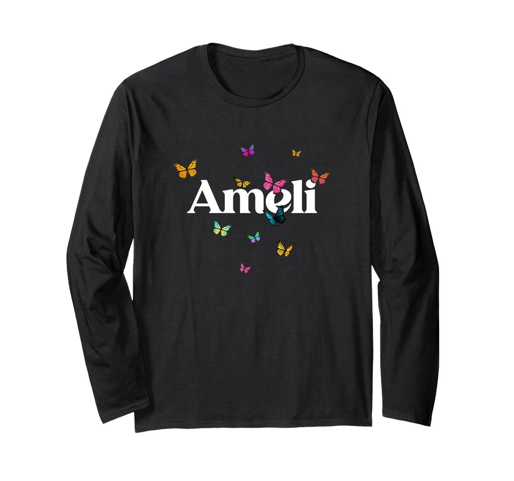 AMELI - Adorable girl name with colorful butterlies long sleeve T-shirt