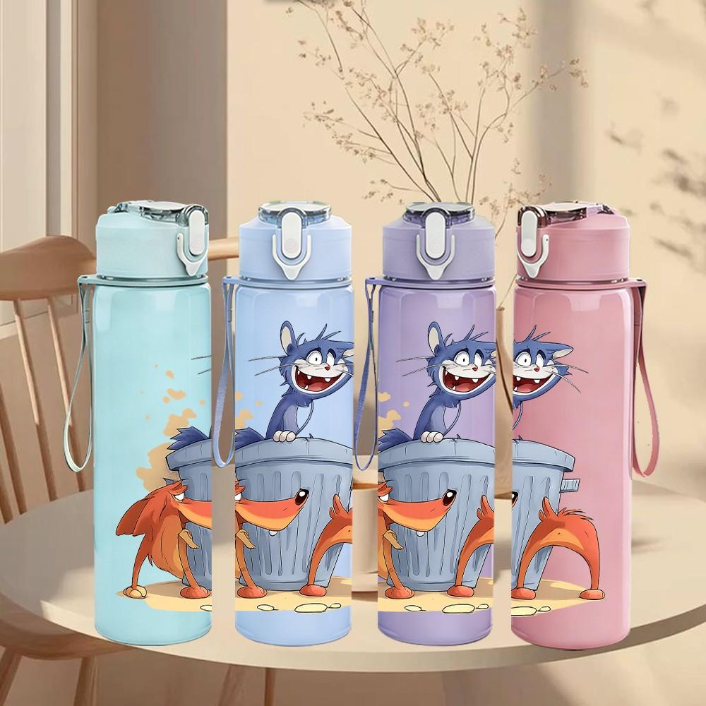 1PC Bucket Cat Cartoon 750ml Color Plastic Sports Water Bottle Leakproof Flip Straw Lid Suitable for Sports Office Home Use