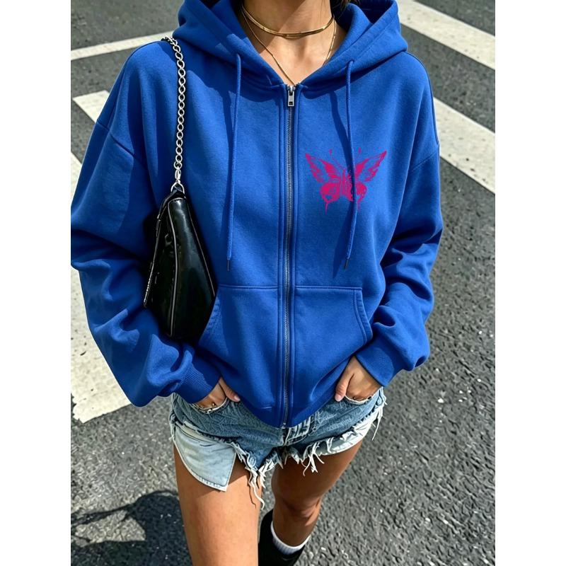 Women Zip Up Hoodie Butterfly Long Sleeve Drawstring Hooded Sweatshirt Loose Streetwear Ladies Fall Winter Warm Outerwear Jacket