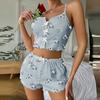 Damen-Pyjama-Set Gerippt Floral Rüschen 2-teilig Nachtwäsche Crop Cami Top und Shorts Weiche Pyjamas Loungewear Set