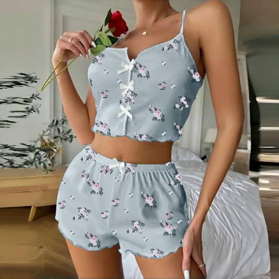 Damen-Pyjama-Set Gerippt Floral Rüschen 2-teilig Nachtwäsche Crop Cami Top und Shorts Weiche Pyjamas Loungewear Set
