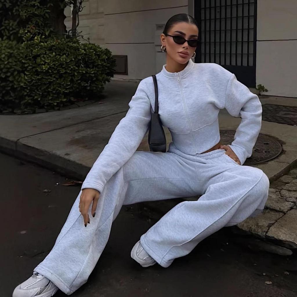 European Casual Women's Sexy Zipper Cardigan & Lace-Up Pants Set - Spring/Autumn Wear