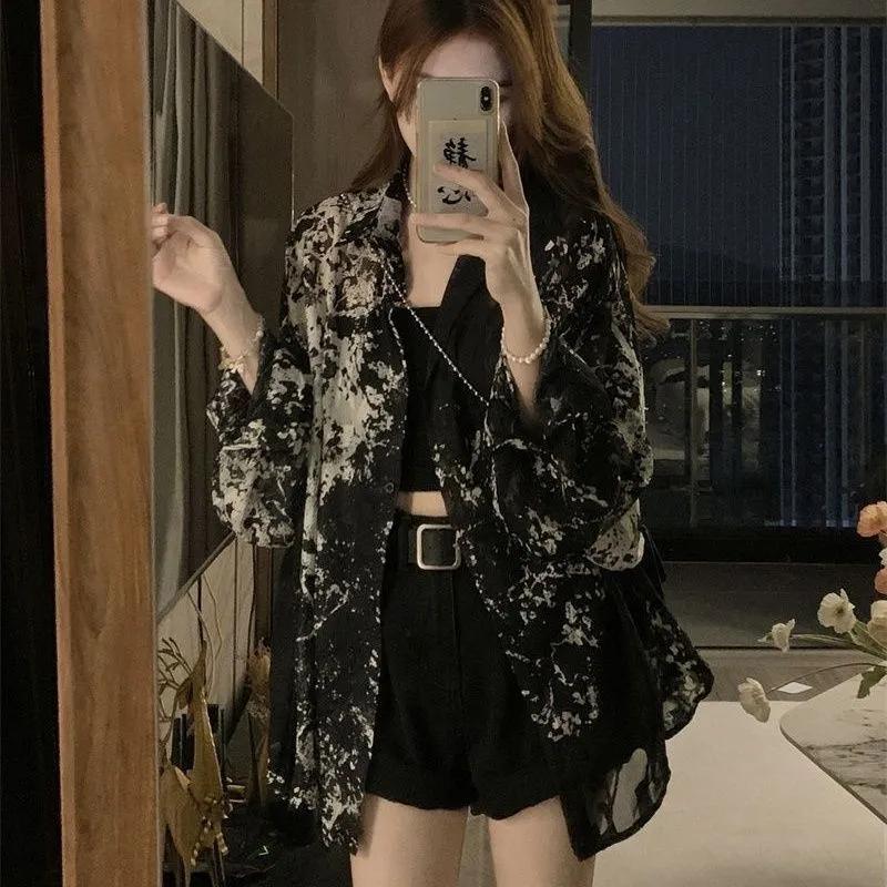 Summer Women's Long Sleeve Shirts Loose Tie Dye Gothic Streetwear All-match Casual Tops Students Blouses Vintage Spring