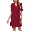 2023 Women's Solid Color V-Neck Loose Pleated Dress with Five-Point Sleeves