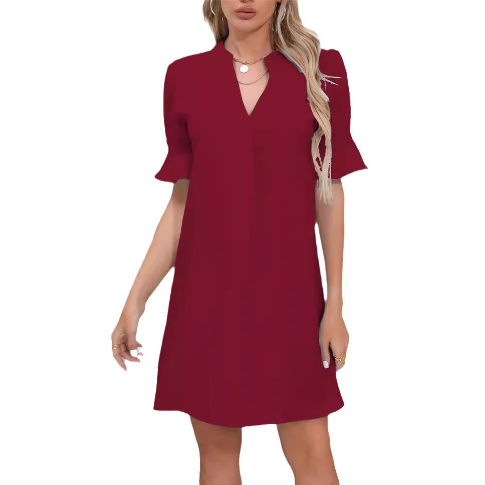 2023 Women's Solid Color V-Neck Loose Pleated Dress with Five-Point Sleeves