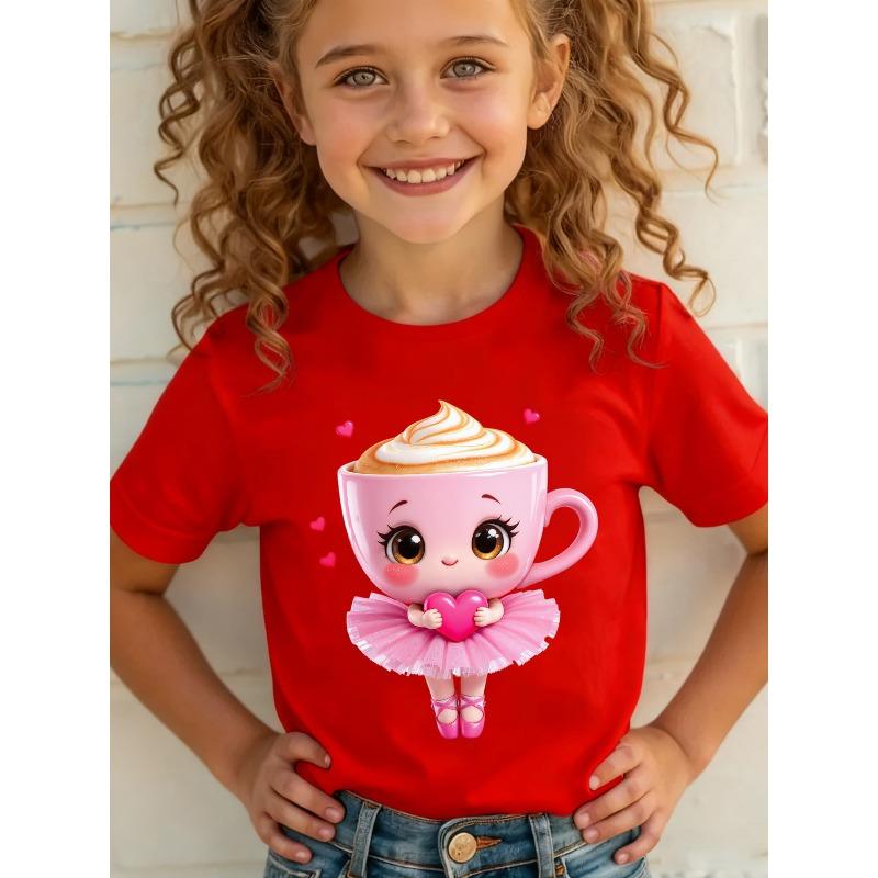 European Sizes Summer Fashion Short Sleeve T-Shirt for Girls Featuring a Cartoon Print of a ‘Cappuccino Ballerina Holding a Heart'