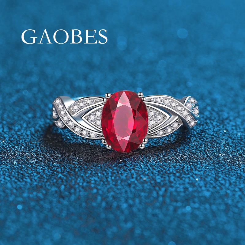 S925 Sterling Silver Women's Ring with 3 Carat Egg-Shaped Gem In Red, Blue, Green, Pink