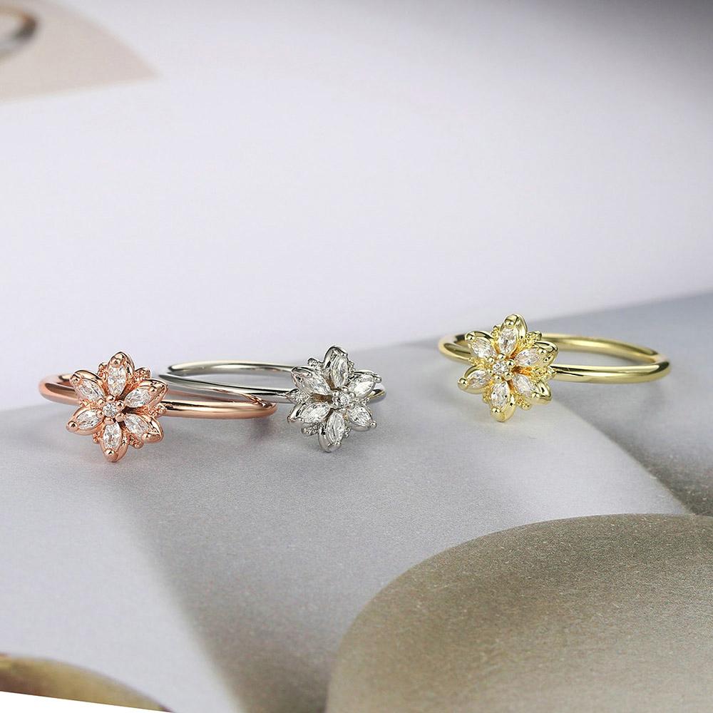 ZHOUYANG Crystal Flower Finger Rings For Women Elegant Fresh Zircon 3 Wedding Engagement Gift Jewelry R080