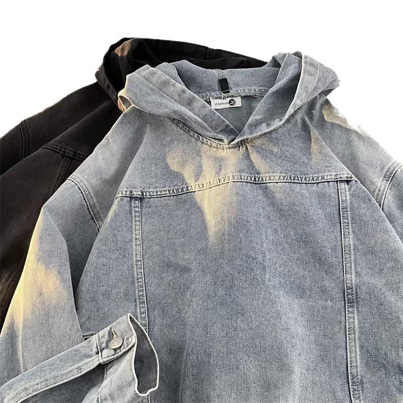 Mens Oversized Denim Hoodie Casual Streetwear Unisex Fall Long Sleeve Cotton Blend Sweatshirt