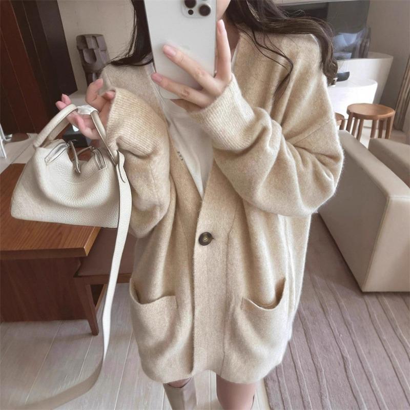 V-neck gentle wind knitted cardigan for women's autumn and winter new temperament loose and thin sweater jacket for women