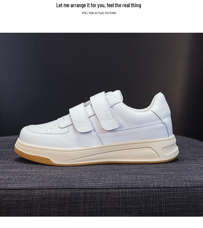 Women's White Platform Sneakers - 5cm Height Boost, Autumn Casual, Velcro, Thick Sole, Genuine Leather.