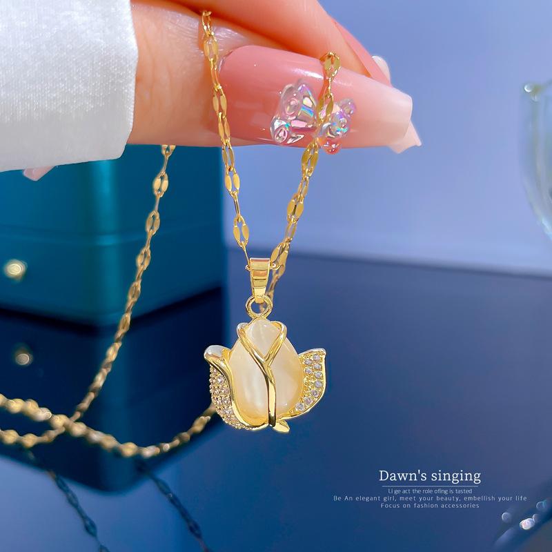 Titanium Steel Light Luxury Opal Tulip Inlaid With Real Gold Necklace Women'S Transfer Collarbone Chain With Jewelry