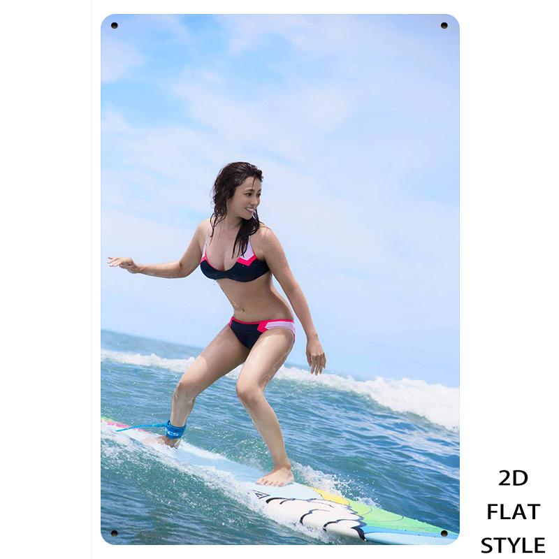 Hisun Tin Sign HD Metal Tin Sign Surfing Asian Beauty In Bikini Poster Vintage Wall Art Decor for Man Cave Bar Beach House