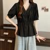 Women Light Blue V Neck Puff Sleeve Elastic Waist Peplum Button Down Casual Blouse