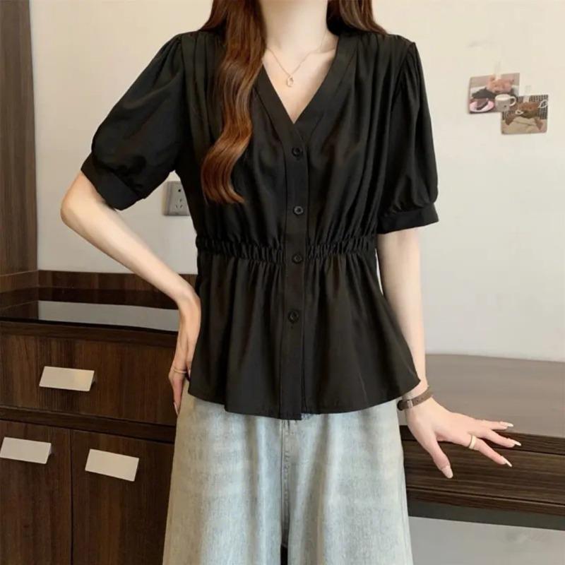 Women Light Blue V Neck Puff Sleeve Elastic Waist Peplum Button Down Casual Blouse