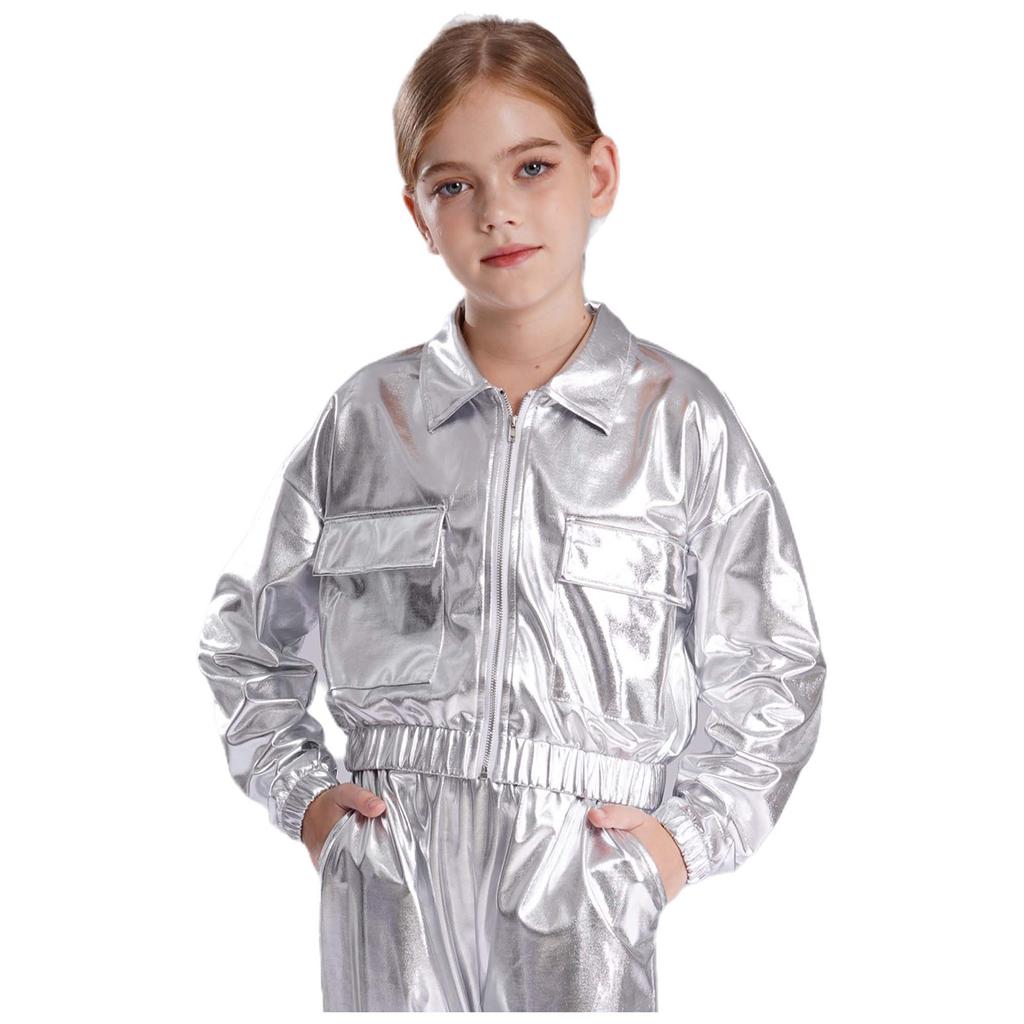 Unisex Kids Metallic Shiny Jacket Turn Down Collar Long Sleeves Flap Pockets Dance Coat