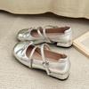 Round Head Bow Silver Small Leather Shoes Women's 2025 Summer New French with Skirt Mary Jane Shoes Thick Heel Single Shoes
